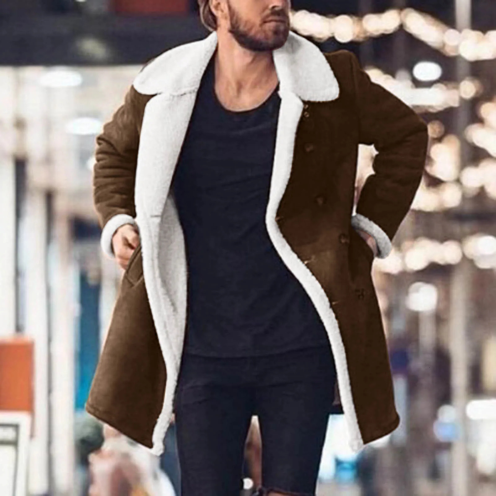 Winter Faux Fur Jacket Plus Size Men Jackets Contrast Colors Turndown Collar Thicken Lambswool Suede Long Parka Coat 241108