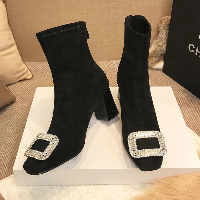 Square toed womens ankle boots crystal suede mid boots er winter Chelsea boots 2024 fashionable walking womens bench 241115