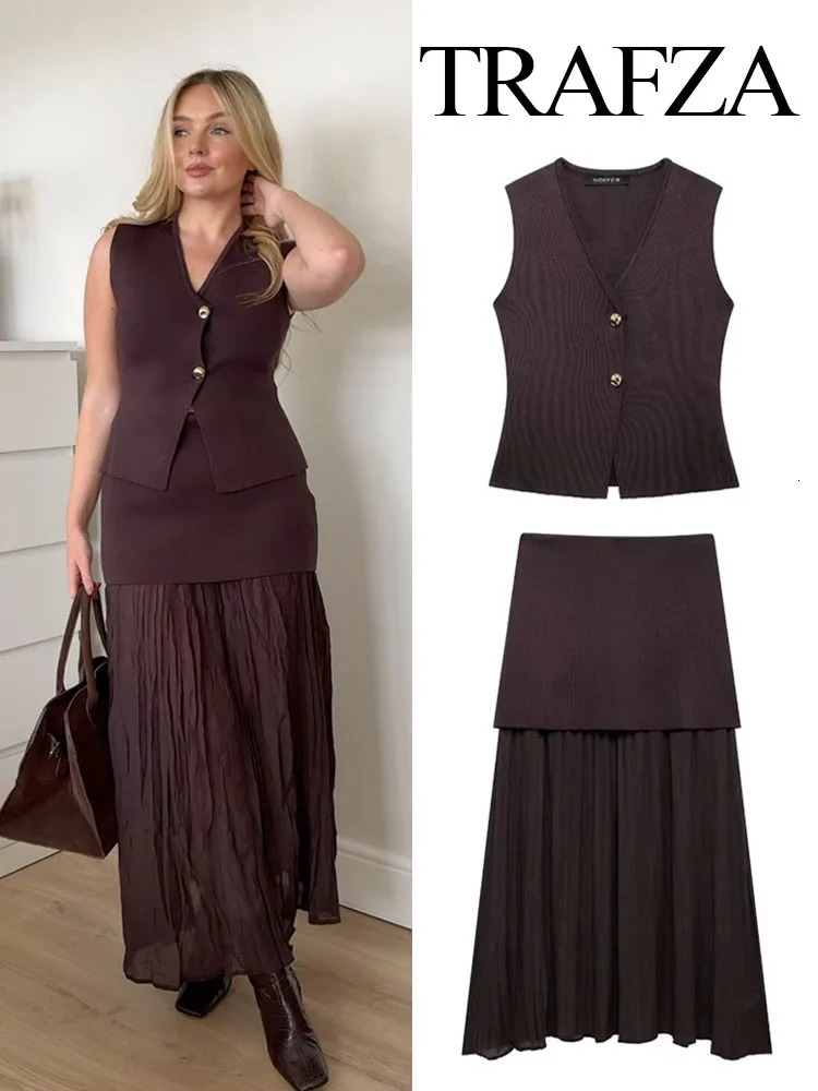 TRAFZA Women 2 Piece Set Chic VNeck Sleeveless Button Knitted Vest TopSplicing High Waist Side Zipper AnkleLength Skirt TRAF 241115