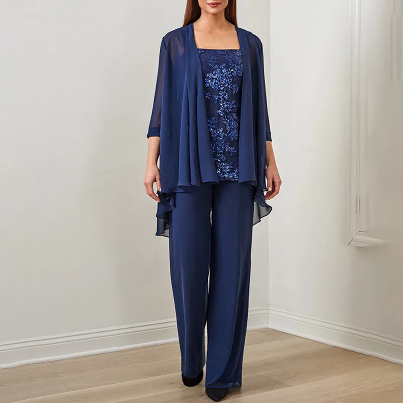 Dark Navy Chiffon Mother Of The Bride Pants Suits With Long Jacket Sequins Lace Appliques Three Pieces Wedding Guest Gown 2024 Elegant Plus Size Prom 