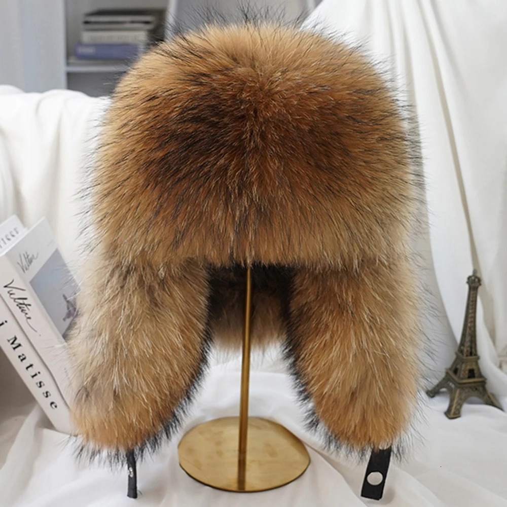 Winter Mens 100% Real Silver Fox Fur Bomber Hat Raccoon Fur Ushanka Cap Trapper Russian Man Ski Hats Caps Real Leather 241116