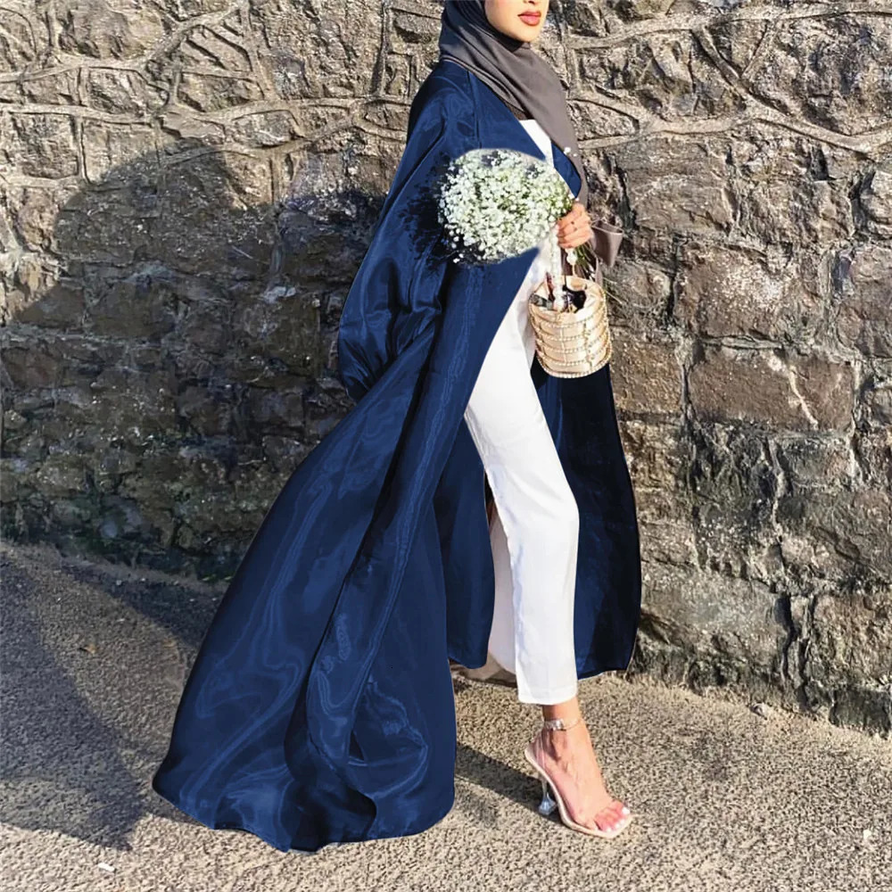 Shiny satin open Abaya Dubai Kaftan Womens Muslim kimono open Islamic puffy sleeves Caftan Maxi dress gown Jalabiya 241111