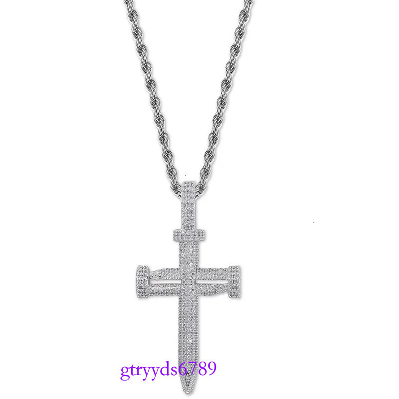 Fashion- & White Gold Bg Cubic Zirconia Nail Cross Pendant Necklace Couples Iced Out Valentine Day Hip Hop Jewelry Gifts for Lovers