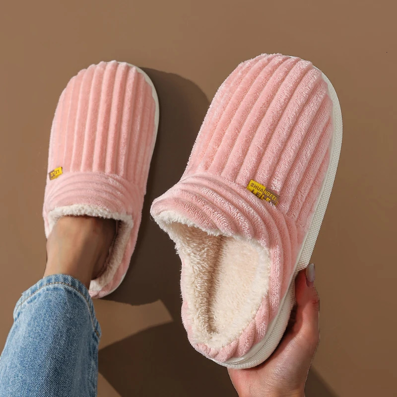 Winter Couple Style Concise Stripes Plush Slippers Ladies Nonslip Soft Warm Flip Flops Women Men Home Flat Casual Cotton Shoes 241115