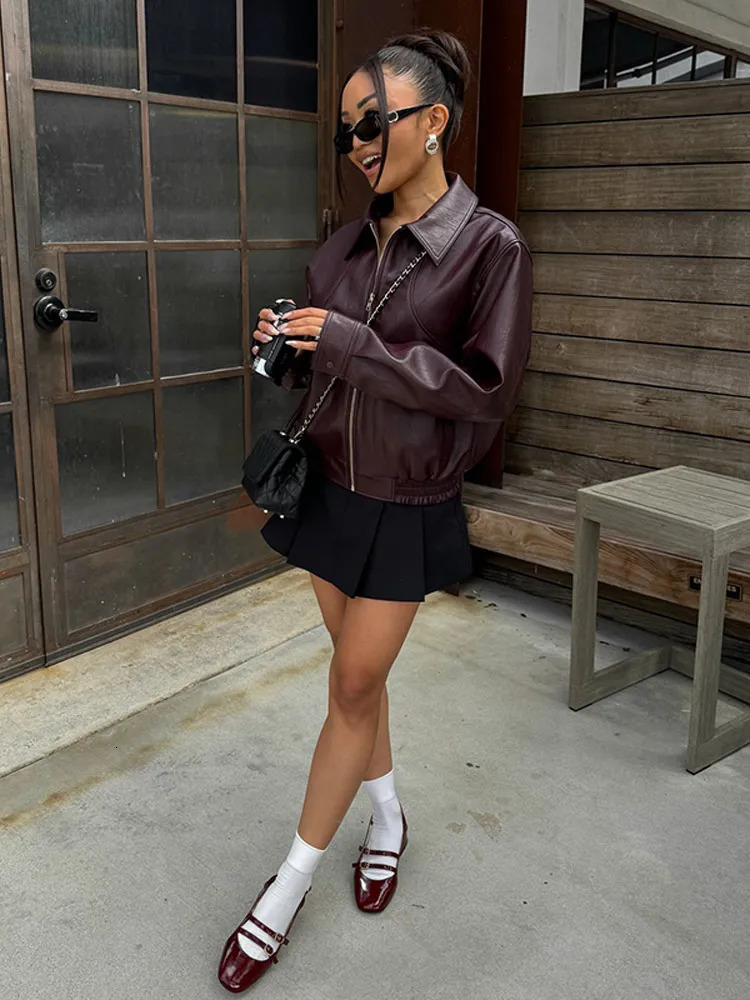 Vintage Wine Red Lapel Pu Womens Leather Jacket Zipper Chic Long Sleeved Casual Coats 2024 High Street Fashion Outerwear 241116