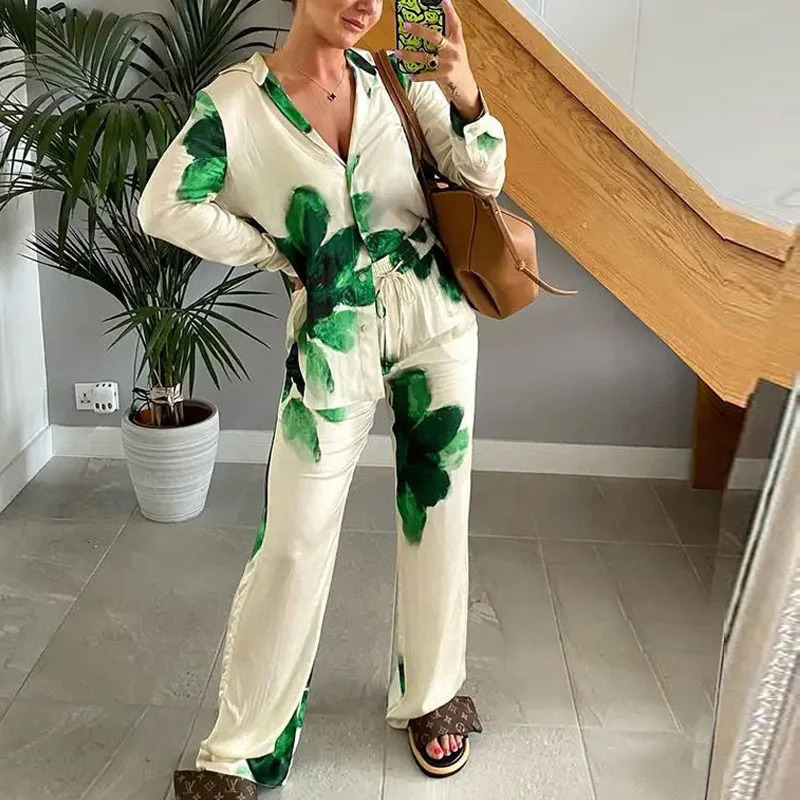 TRAF Print Pants Set Women 2 Piece Flower Green Shirt High Waist Baggy Sets Casual Summer WomenS Top And Bottom 241115