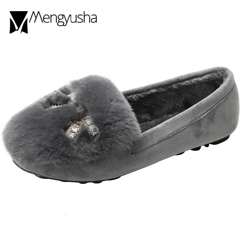 Large size 43 rabbit fur Moccasins womens crystal bowling ball flat round toe slider fur snowshoes winter outdoor shearing ballet dancer 241115