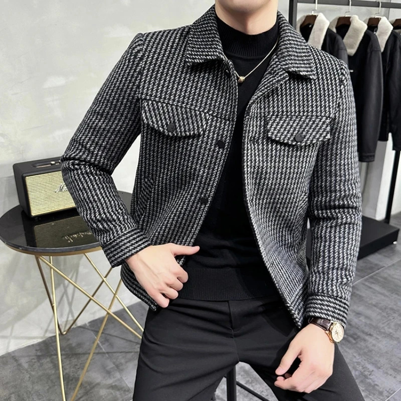 Winter Mens Woolen Jacket Lapel Fur Collar Trench Coat Casual Business Wool Blends Social Streetwear Overcoat Men Clothing 241115