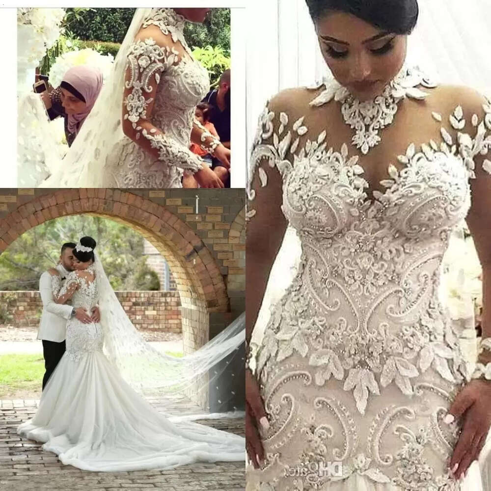 Wedding Mermaid Dresses Bridal Gown With D Ral Applique Crystal Beaded Sweep Train Tulle High Neck Custom Made Plus Size Garden Vestido De Novia