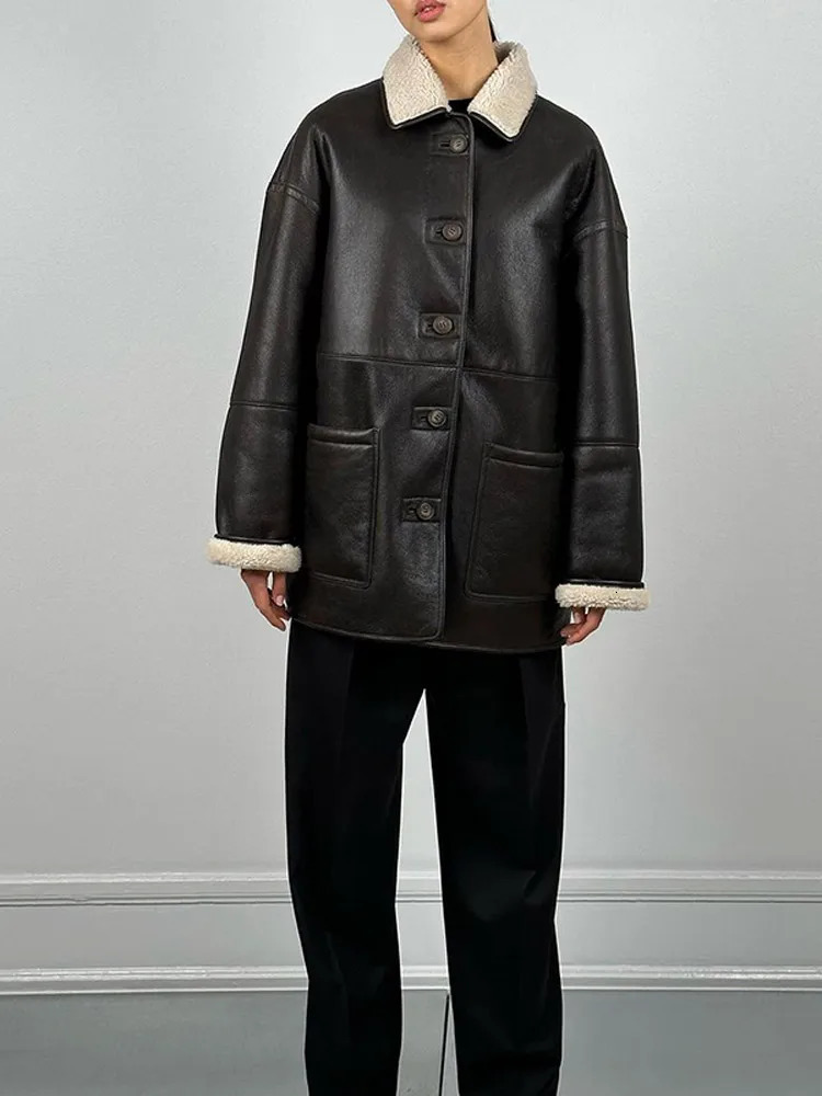 Classic Black Lapel Collar Woolen Warm Leather Jacket Fashion Single Breasted With Pocket Coat 2024 Winter Woman Wear 241115