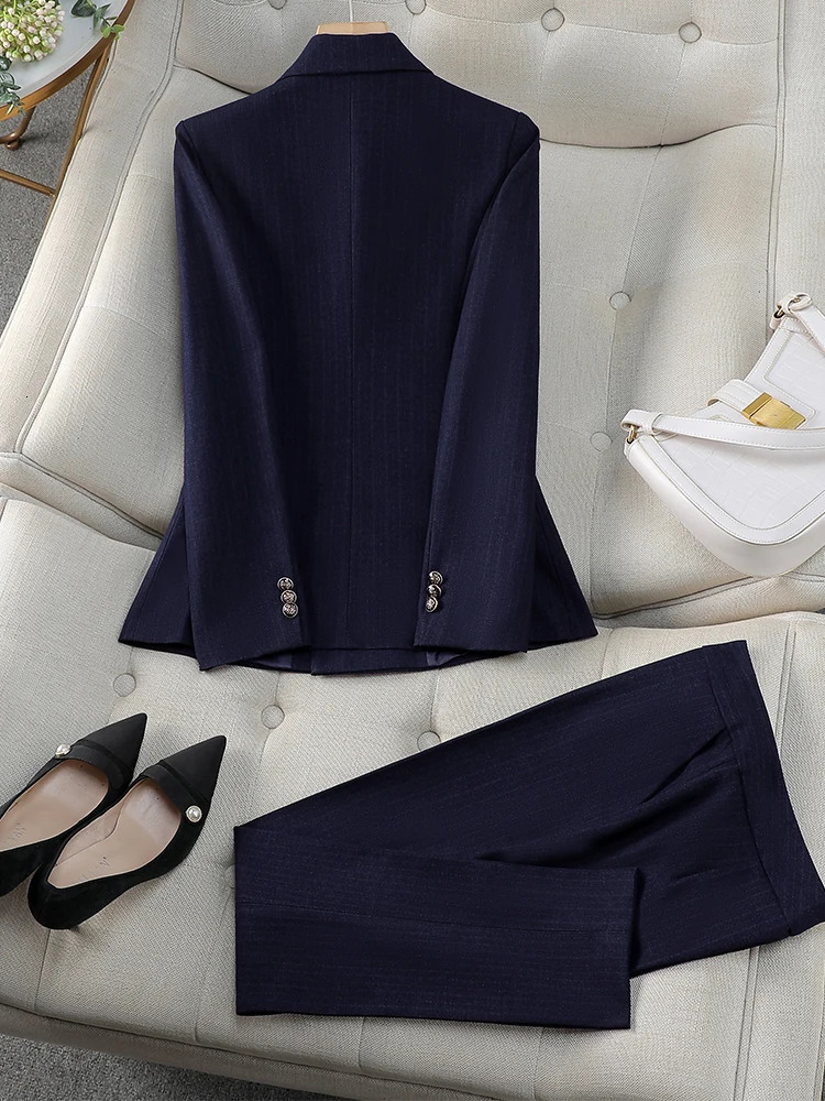Womens workwear 2piece set of black blue striped formal jacket and Trouser 241115