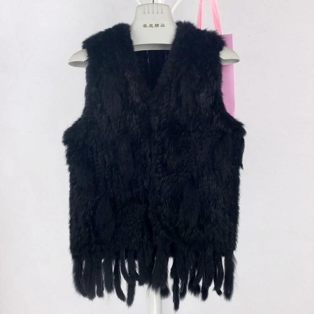 Wholesale Women Genuine Rabbit Fur Vest Fashion Tassels Knitted Waistcoat Winter Lady Warm Natural Sleeveless Coat 241108