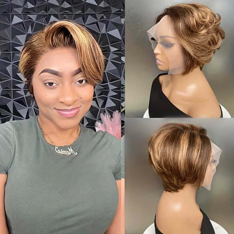 Short Curly Hair Cut Human Hair Wig 13 1 T Part Lace Human Hair 150% Density E Remy Hair 6 inches 1b30/427/Natural Black W241116