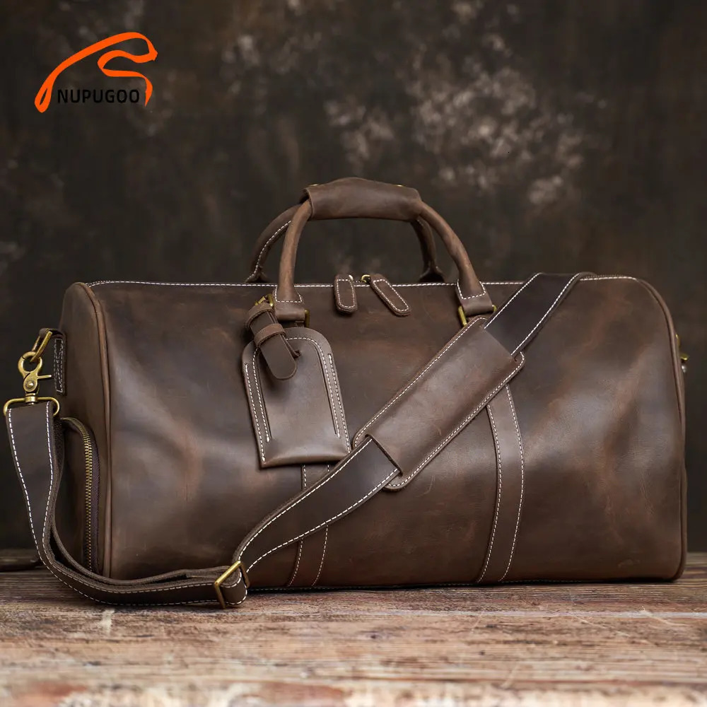 Vintage mens travel bag genuine leather handbag Boston bag luggage large capacity shoulder 16 inch laptop NUPUGOO 241115