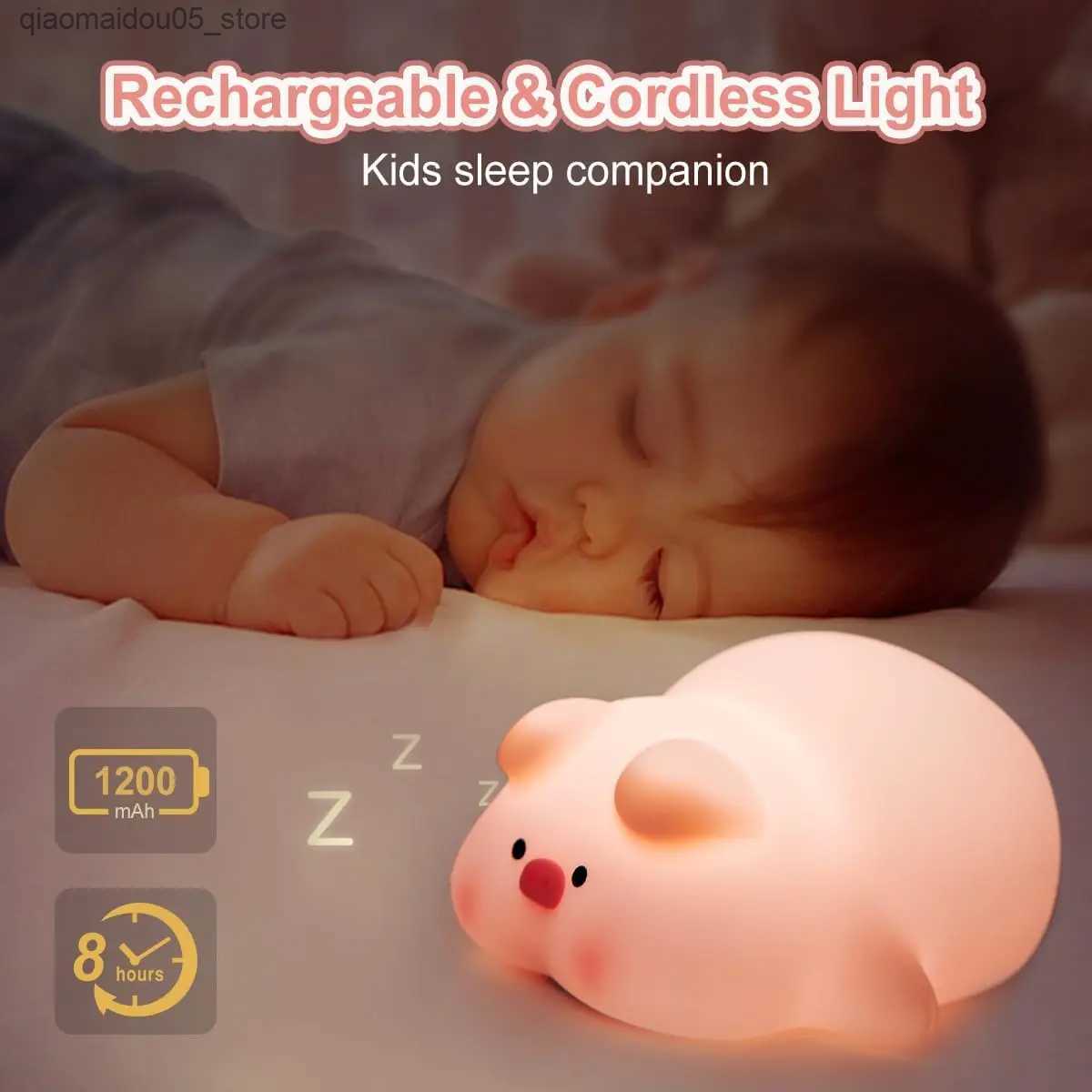 Lamps Shades Piggy LED Night Light Cute Piggy Silicone Night Light USB Charging Timed Bedside Decoration Childrens Night Light Birthday Gift Q240416