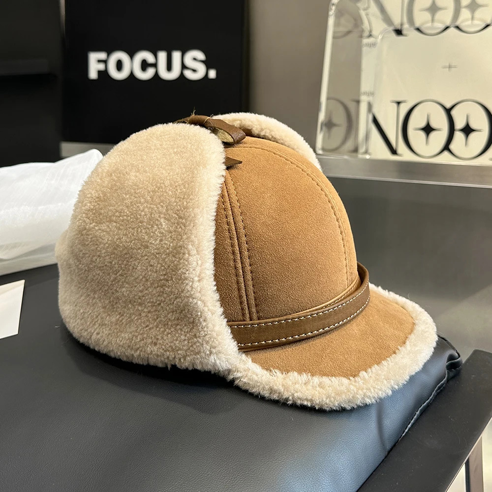 Winter High Quality Leather Hat Men Fur Lamb Wool Warm Thick Earflaps Bomber Hats Mens Baseball Cap Russian hats 241116