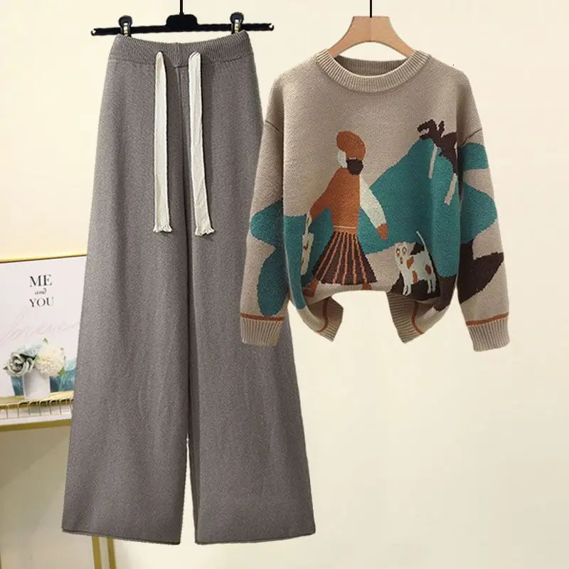 Autumn and Winter Set Womens Western Style Knitted Sweater Loose Slimming Casual Pants Two Piece Fashion 241115