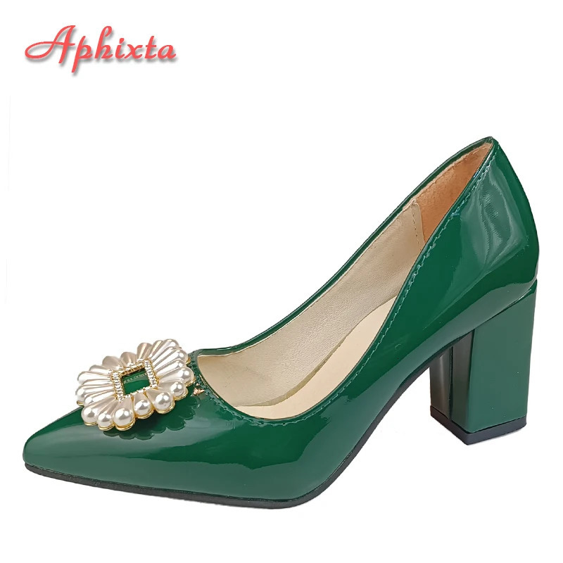 Aphixta 2024 Pearl Crystal Buckle Baby Pink Pump Womens Thick High Heels Parents Children Large Size 30- 241115