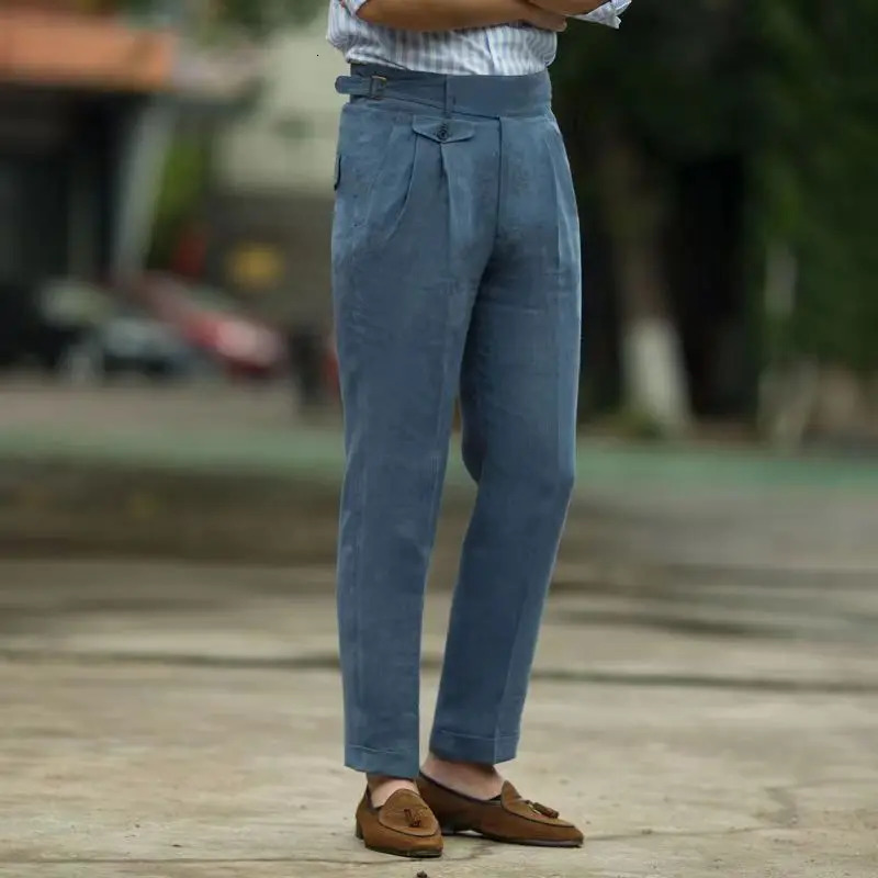 British Style Men Gurkha Linen Pant High Waist Straight AnkleLength Pants Spring Summer Quality Thin Casual Loose Trouser 240415