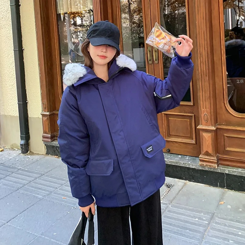 Fashionable Retro Womens Fur Collar Parker Cotton Coat Winter Style Casual Thick Warm Loose Jacket 241115