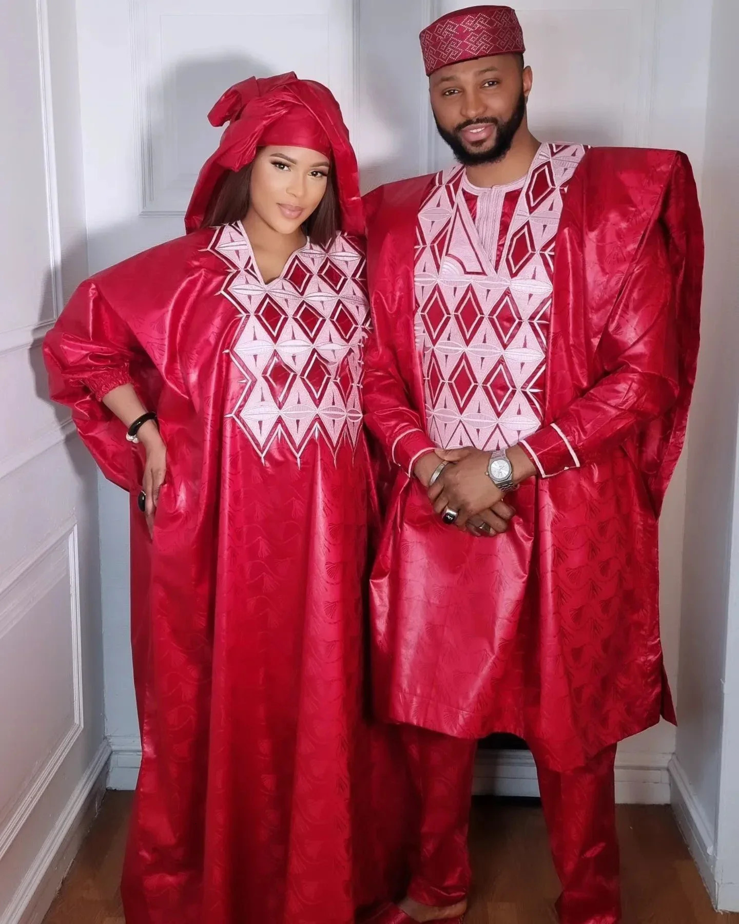 African Clothes for Men Dashiki Tradition Outfit Robe Embroidery Red Tops Pants Suits Bazin Muslim Wedding Party Clothing 241116