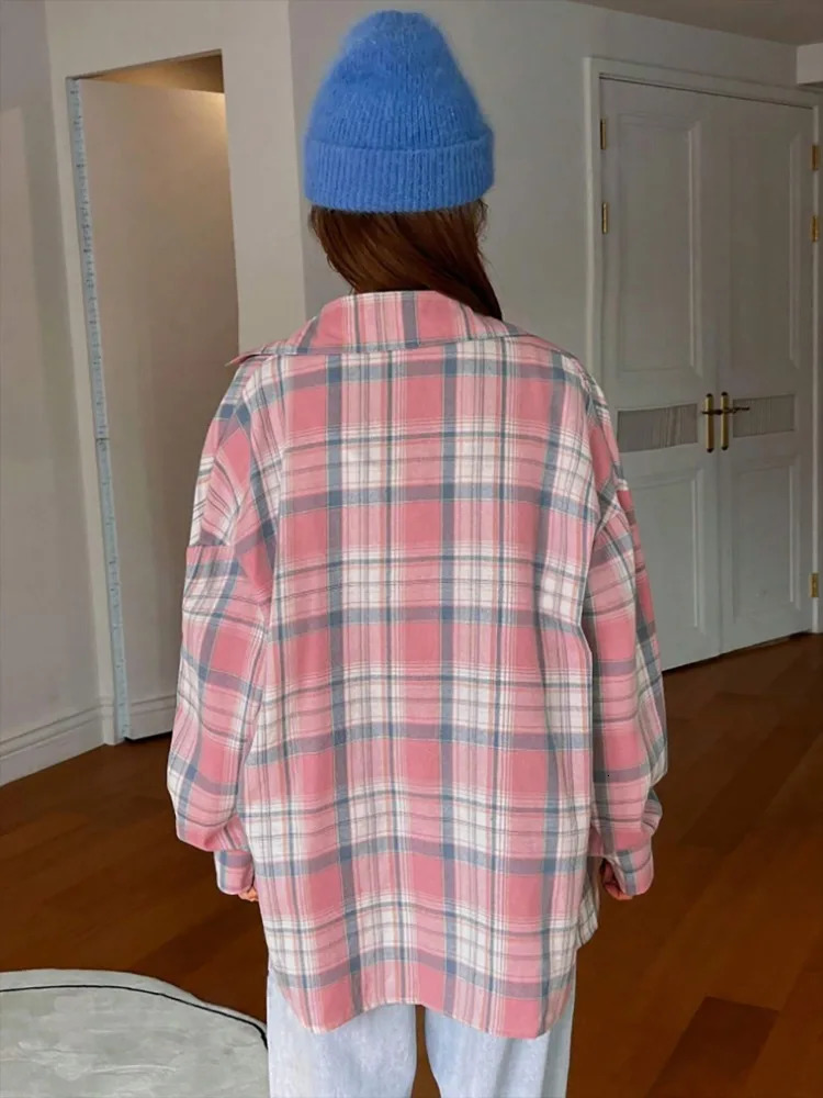 Deeptown long sleeved pink checkered shirt Korean style retro Y2k young womens shirt Harajuku fashion Japanese jacket 241115