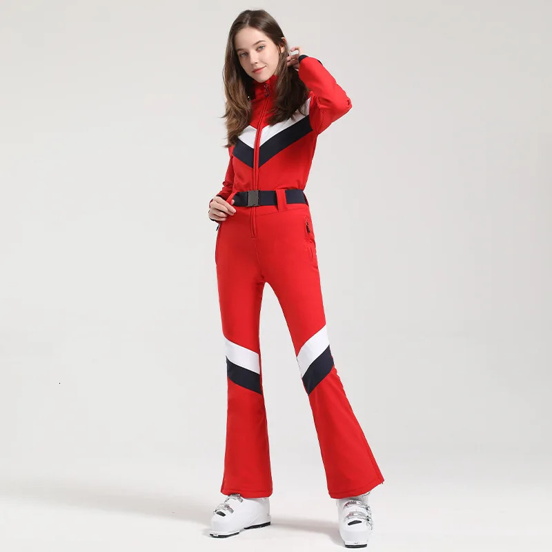 Women One Piece Ski Suit Winter Snowboard Jumpsuit Waterproof Windproof Thicken Hooded Outdoor Sport Wear for Mountain Hiking 241116