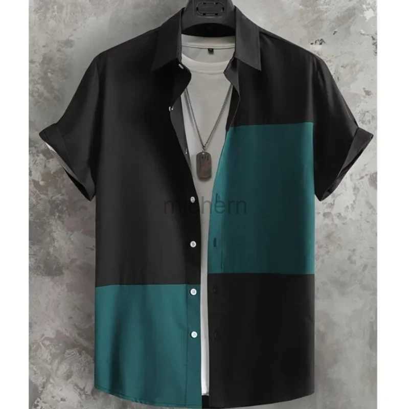 Men's Casual Shirts Mens casual fashion patch plaid 3D printed button up collar short sleeved shirt 240416