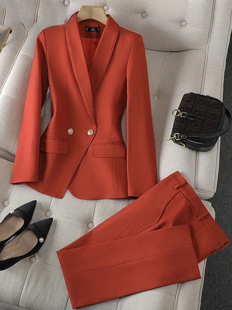 Yitimuceng Office Wear Womens Set Double Chest Collar Fashion Long Sleeve JacketClassic Solid Pants 241115