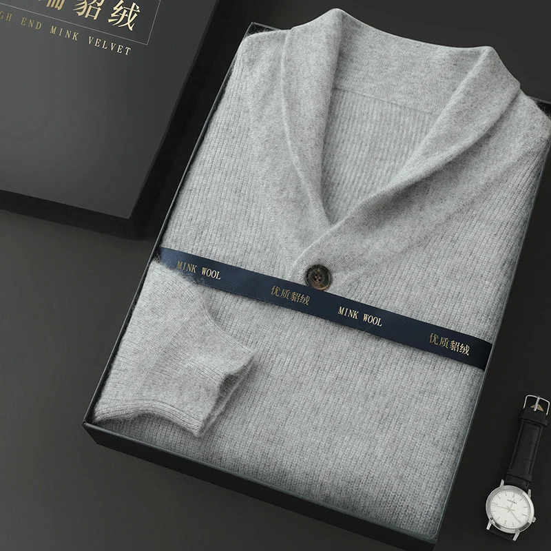 Selling 100% mink cashmere sweater mens long sleeved winter olive collar business casual bottom 241115