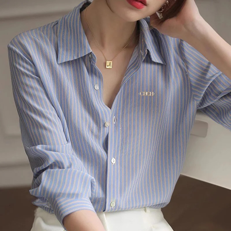 Womens shirt trend classic high-end womens long sleeved retro elegant striped version office womens fashionable top 241115