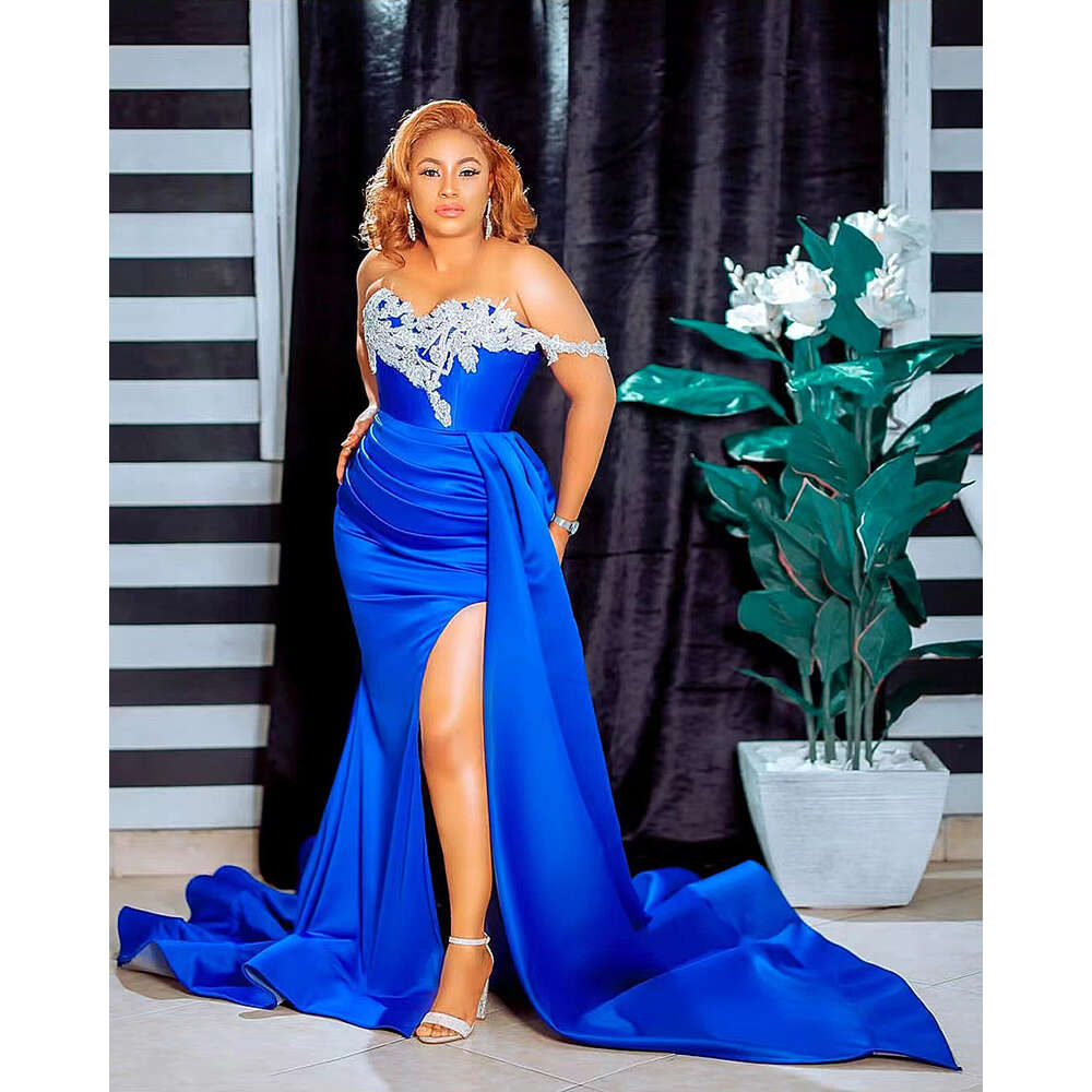 Royal Blue Elegant Evening Dress Aso Ebi Formal Prom Dresses Cap Sleeves High Slit With Overskirt Lace Train Party Gown African Es
