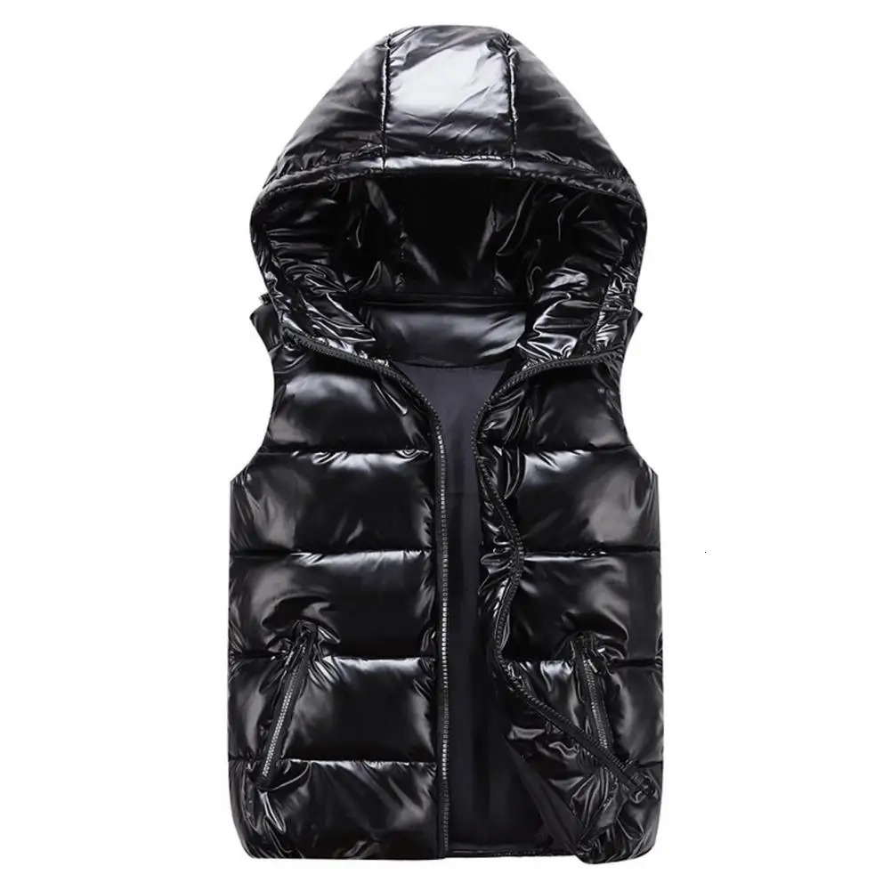 Mens/Womens/rens Tank Top Winter Hooded Glossy Cotton Tank Top Casual Tank Top Mens Sleeveless Jacket Warm Coat Hat 241111