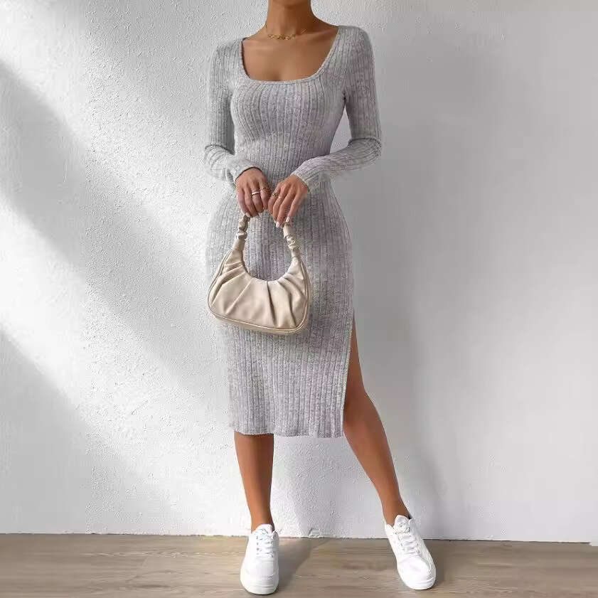 Autumn and winter new square collar long sleeved hem slit jacquard brushed dress for women