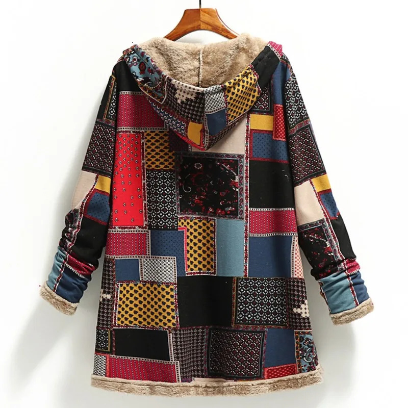 2023 Winter Vintage Women Coat Warm Printing Thick Fleece Hooded Long Jacket with Pocket Outwear Loose Jackets 241108