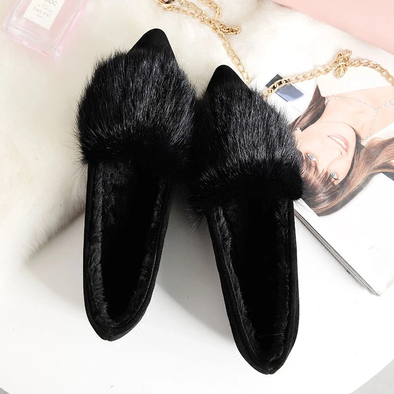 genuine leather mint fur leather shoes womens soft soled warm single shoes ballet dancer Mokasin wool sweater winter wool dot flat 241115
