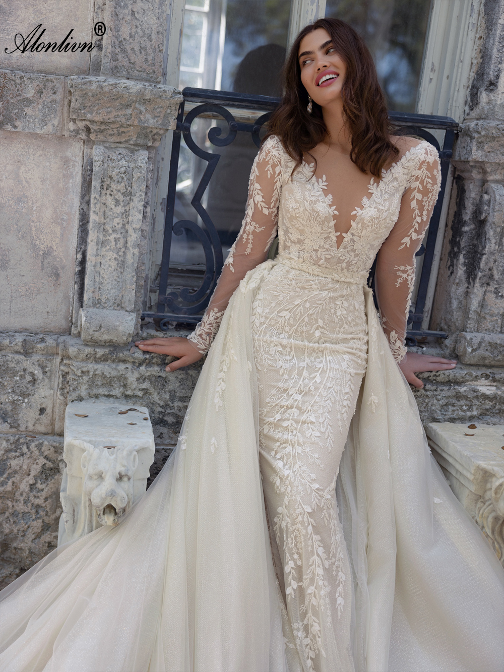 Allover Lace Beading Lace Sheer Neck 2 In 1 Mermaid Wedding Dress With Sliky Tulle Removable train Full Sleeves Trumpet Bridal Gowns With Floral Print