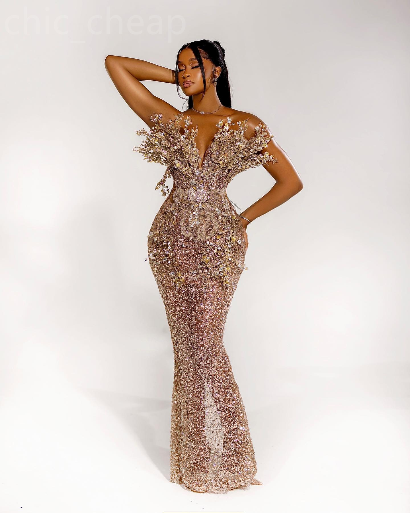 2024 Aso Ebi Gold rals Mermaid Prom Dress Sequined Evening Formal Party Second Reception 50th Birthday Engagement Gowns Dresses Robe De Soiree ZJ330