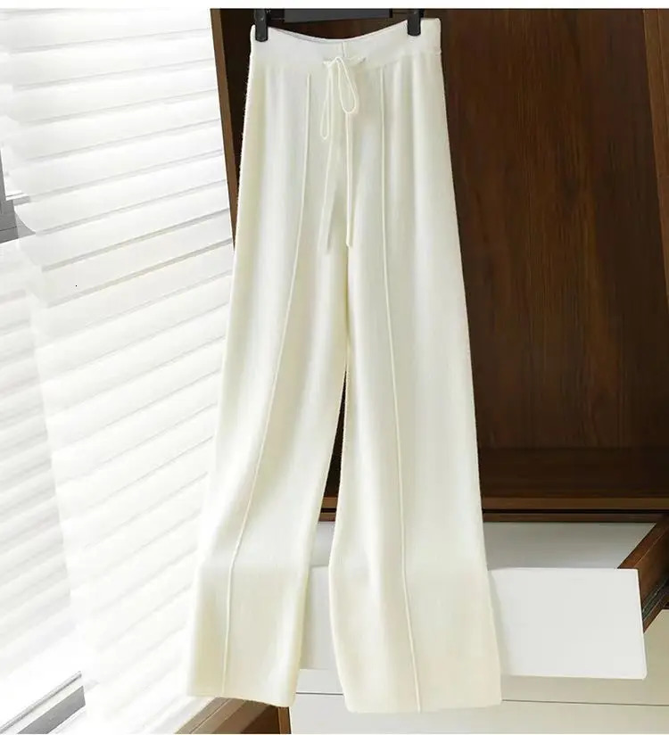 100% Pure Wool Pants Cashmere Wide Leg Trousers Womens Long Britches Knit Loose Daks Casual Autumn Winter High Waist 241116