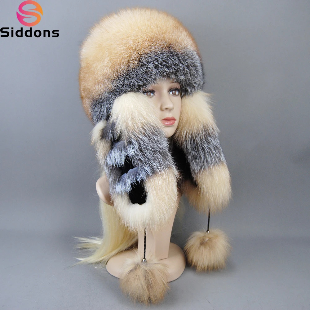 Lady Winter Warm 100 Natural Fur Hat Fashion Fluffy Rex Rabbit Cap Real Bomber Hats 241116