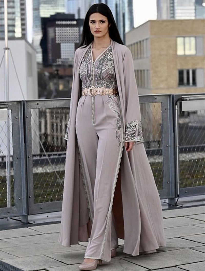 Elegant Moroccan Kaftan Jumpsuits Evening Dresses With Long Sleeves Jacket Lace Appliques Arabic Silver Women Costume Formal Party Gowns 2024 Prom Pan