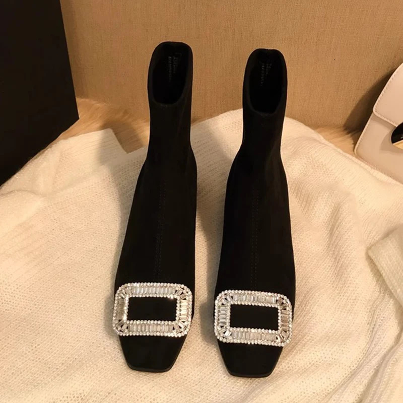 Square toed womens ankle boots crystal suede mid boots er winter Chelsea boots 2024 fashionable walking womens bench 241115