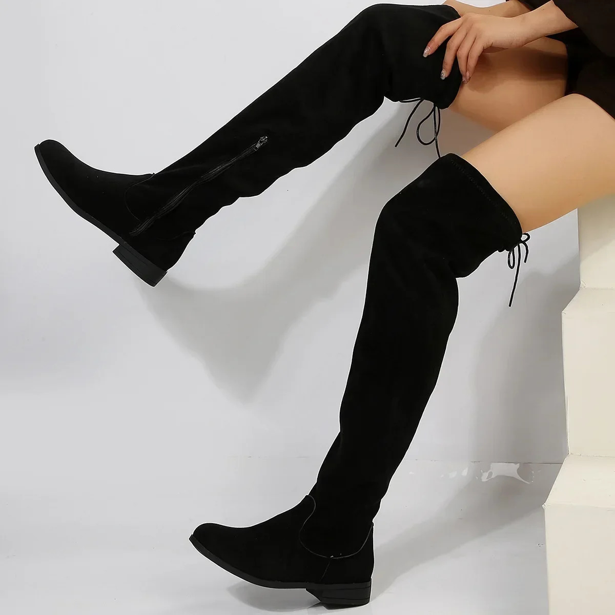 Artificial suede womens thick Gigh boots womens autumn zipper elastic knee high boots womens tube lace sole drone size 43 241115