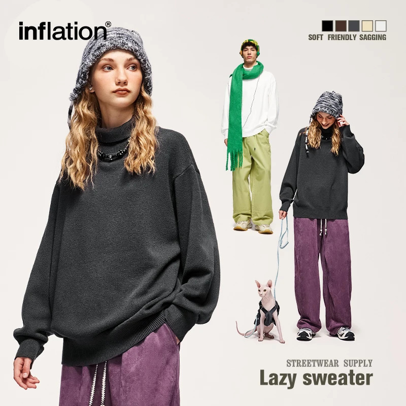 Black oversized knitted sweater unisex autumn and winter warm turtle neck sweater 241112