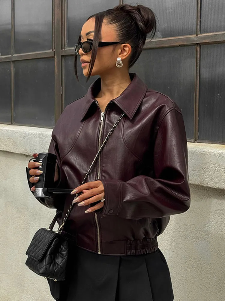 Vintage Wine Red Lapel Pu Womens Leather Jacket Zipper Chic Long Sleeved Casual Coats 2024 High Street Fashion Outerwear 241116