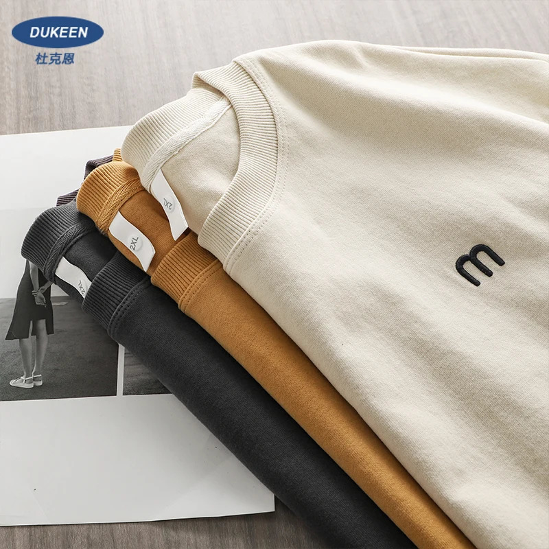 Dukeen 340gsm Heavy Embroidered Sweatshirt Men Plain Long-Sleeved T-Shirt Round-Neck Loose Trend Solid Coloe Tops 240409