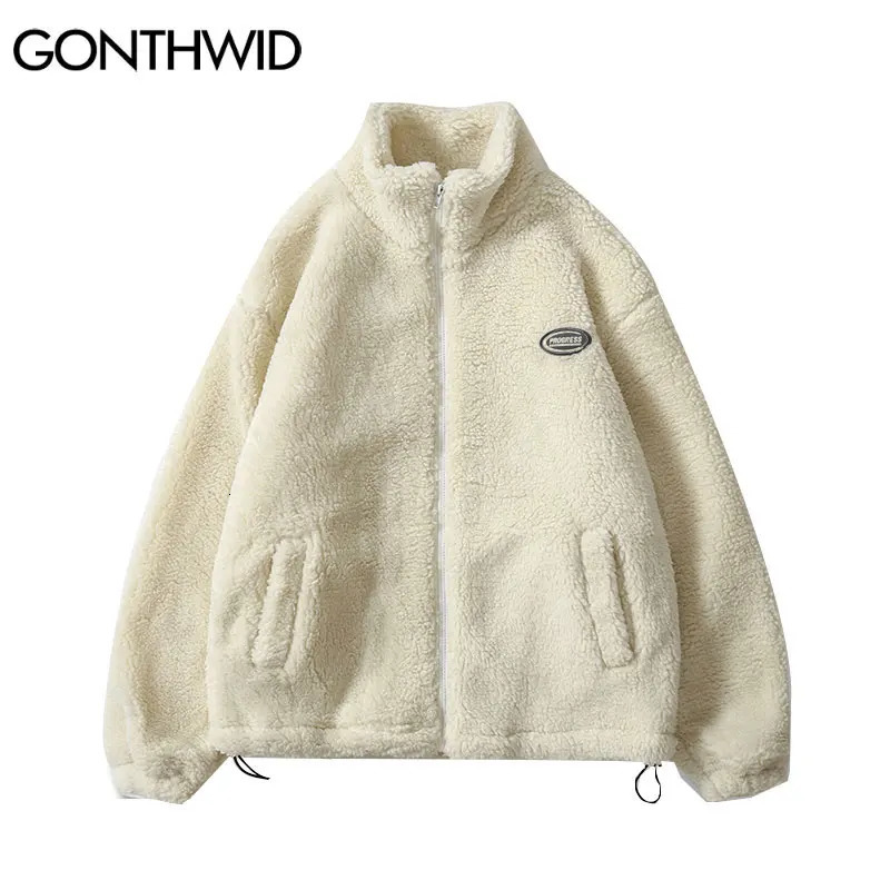 Hip Hop Winter Fleece Fluffy Jacket Streetwear Harajuku Fuzzy Zipper Coat Men Autumn Solid Color Lightweight Jackets Black Beige 241108