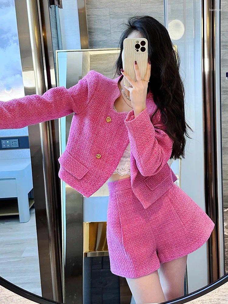 Womens Tracksuits Sweet Girl Elegant Suit Autumn Tweed Square Collar Double Breasted Jacket High Waisted Shorts Fashion Two-piece Set