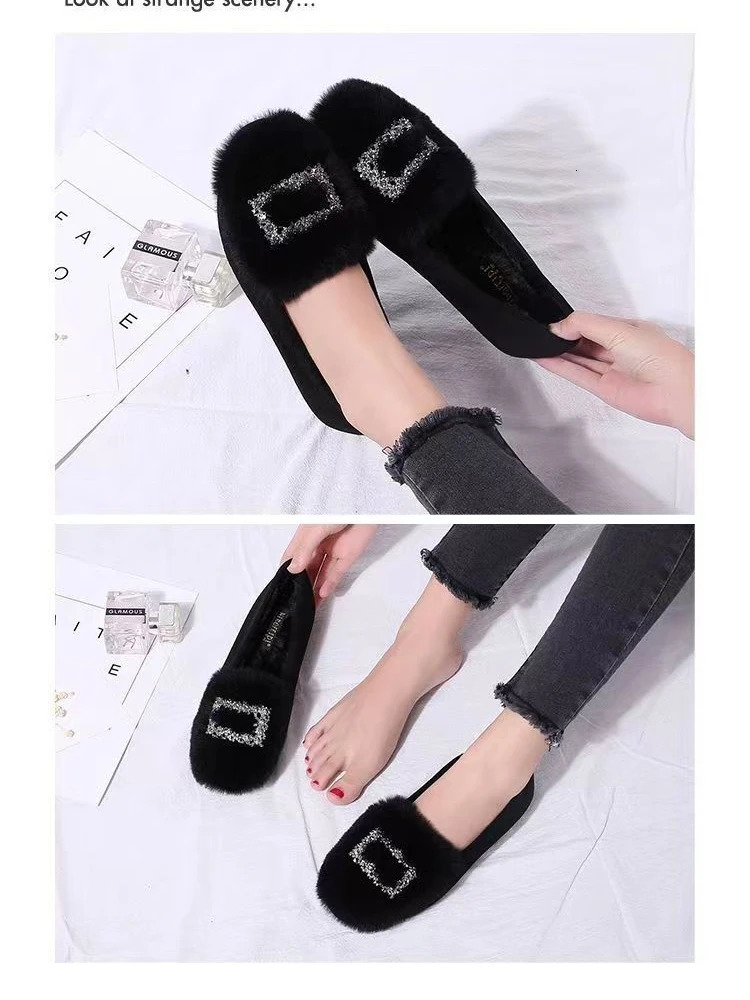 Casual womens shoes slip onto Loafers fur soft high heels womens shoes round toe flash slip onto winter dress Moccasin slip onto TPR 241115