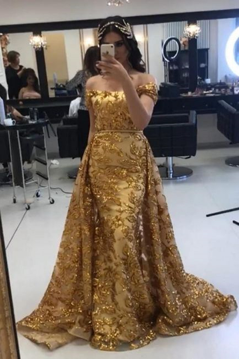 Elegant Arabic Dubai Gold Sequins Mermaid Prom Dresses With Detachable Skirt Off Shoulder Long Sparkly Evening Gowns 2024 Women Chic Party Special Occ